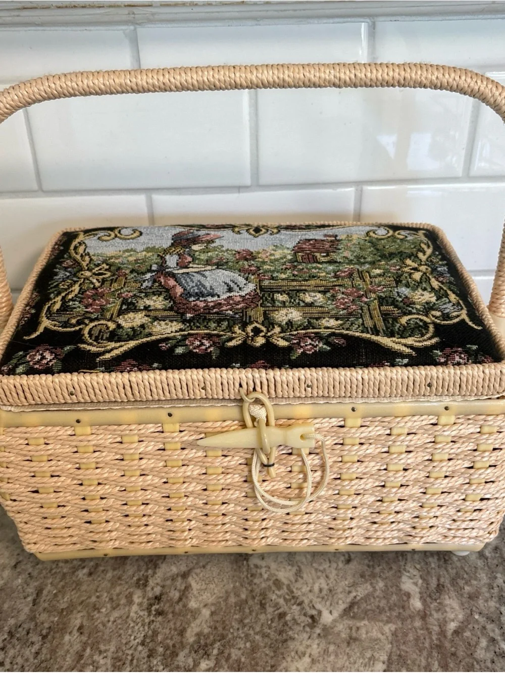 Vintage Azar Sewing Basket Tapestry, Wicker- Full Of Sewing Supplies- W/ Handle